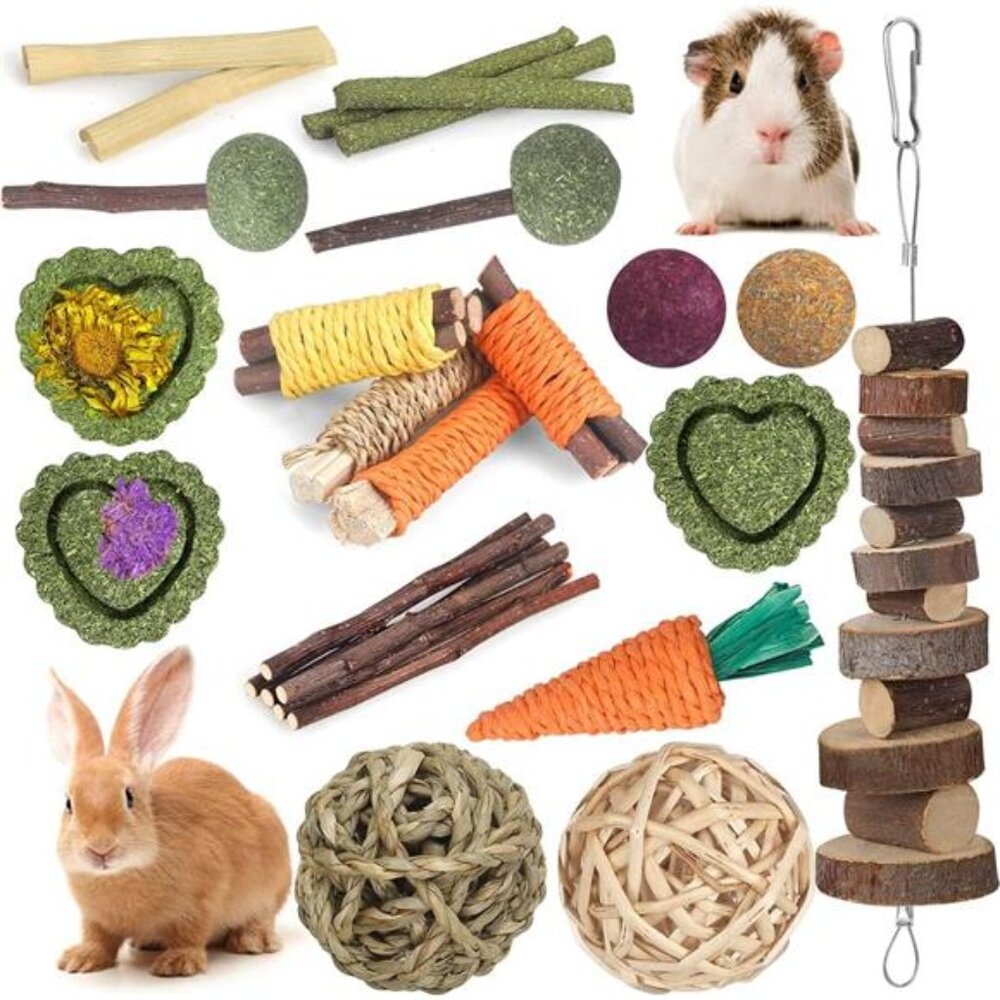 Rabbit Toys Bunny Toys 26Pcs Natural Timothy Hay Sticks Apple Wood Sticks